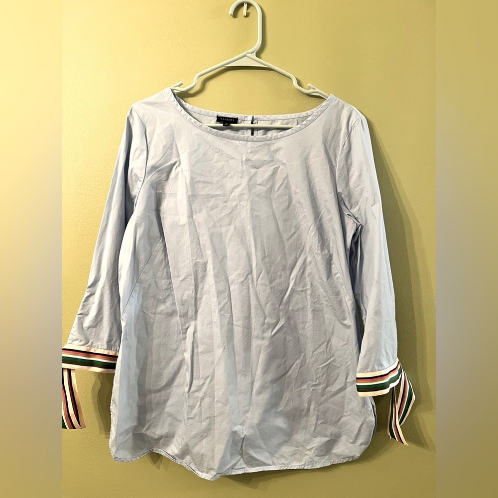 Talbots Light Blue Blouse with Striped Grosgrain Ribbon Cuffs